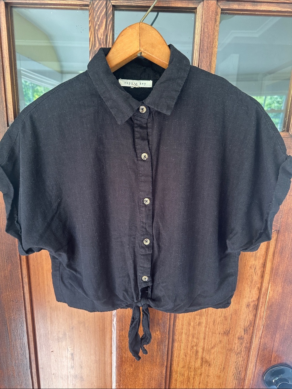 Copper Key Black Rayon Linen Blend Cropped Tie-Front Shirt Size Medium